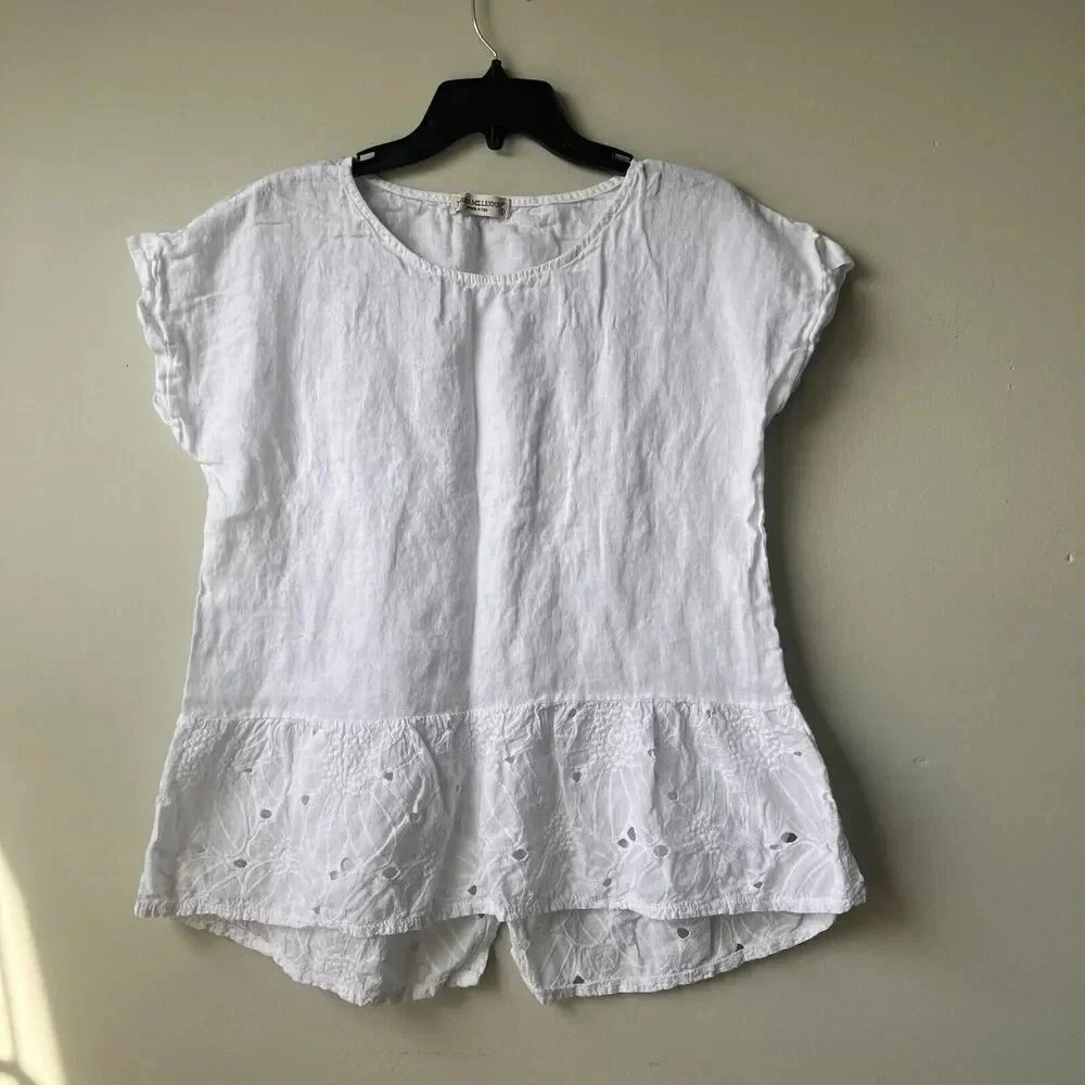 Breathable White Eyelet Peplum Linen Blouse - Women